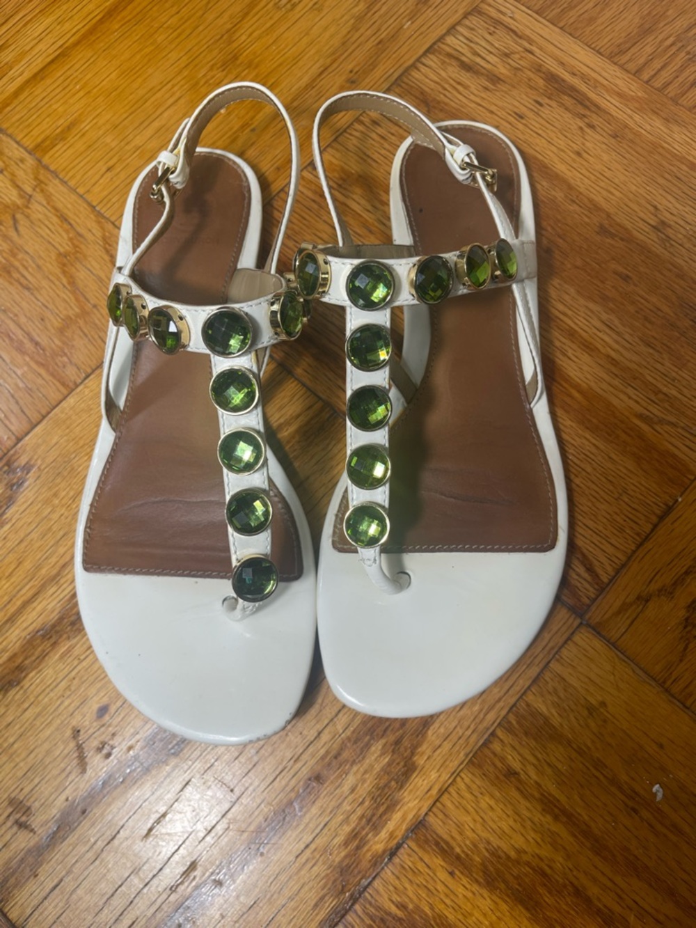 Tory Burch White T-Strap Sandals with Green Gemstones